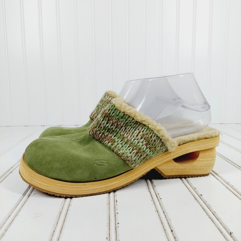 Skechers Olive Green Suede Knit Clog Mules with Wood-Look Heel